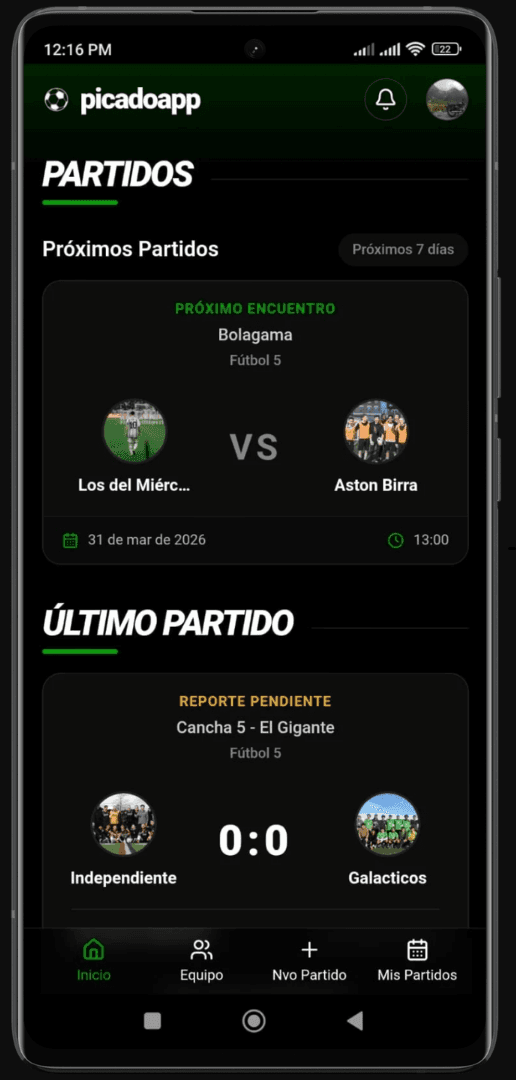 Interfaz de Picado con partidos cerca de tu zona